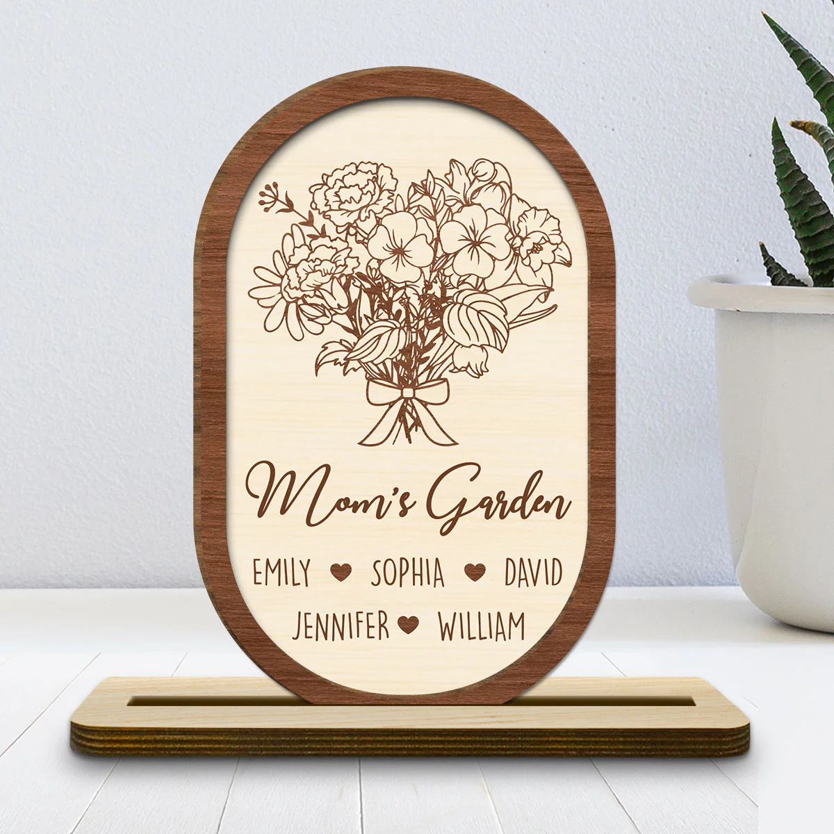 Floral With Family Names - Personalized Custom 2-Layer Wood Plaque With Flat Base - Image 2