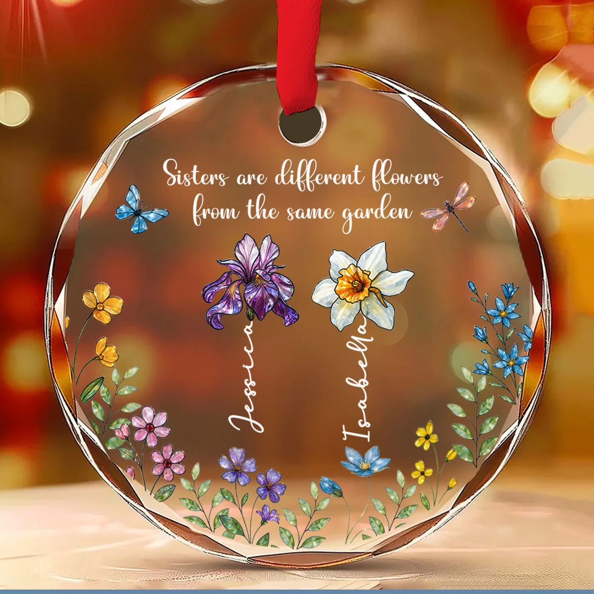 Flowers And Sisters Always Shine - Personalized Custom Glass Ornament - Image 2