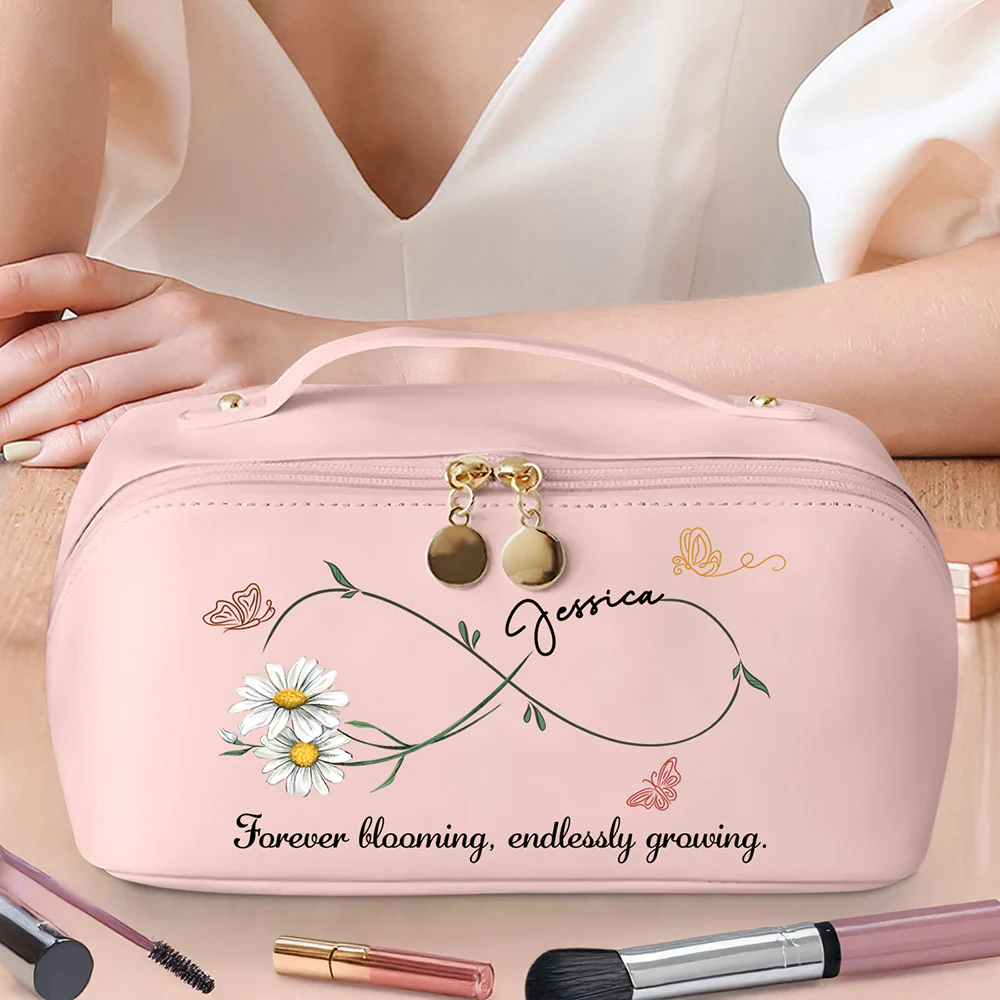 Forever Blooming, Endlessly Growing - Personalized Custom Leather Makeup Bag - Image 3