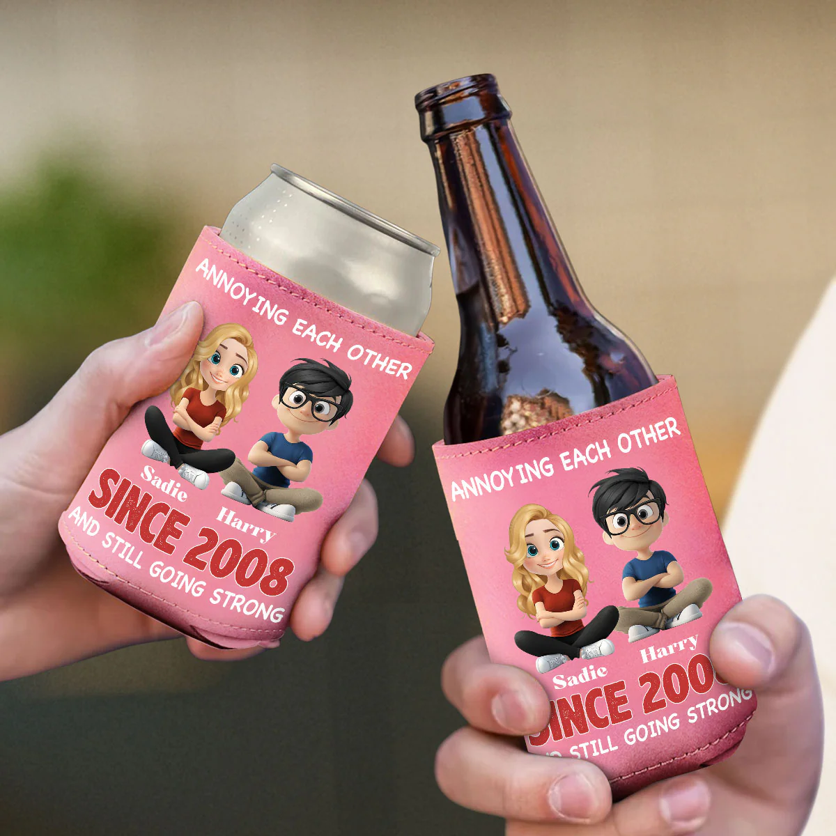 Forever In Love - Personalized Custom Pink Leather Can Cooler Holder - Image 4