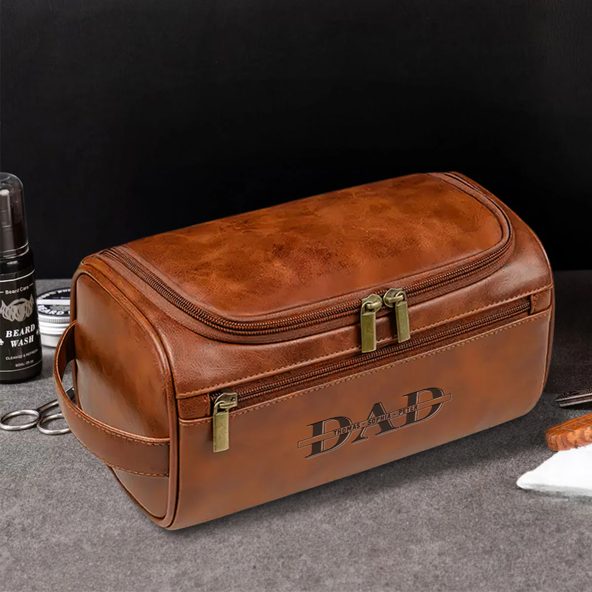 Forever Our Dad - Personalized Custom Engraved Leather Toiletry Bag - Image 3