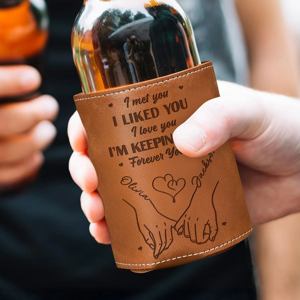 Forever Yours - Personalized Custom Engraved Leather Can Cooler Holder - Image 2