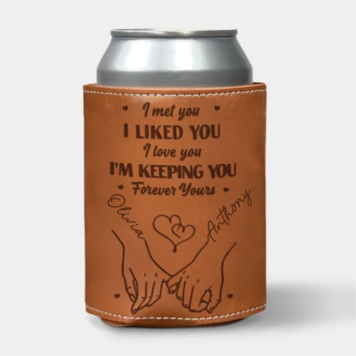 Forever Yours - Personalized Custom Engraved Leather Can Cooler Holder - Image 6