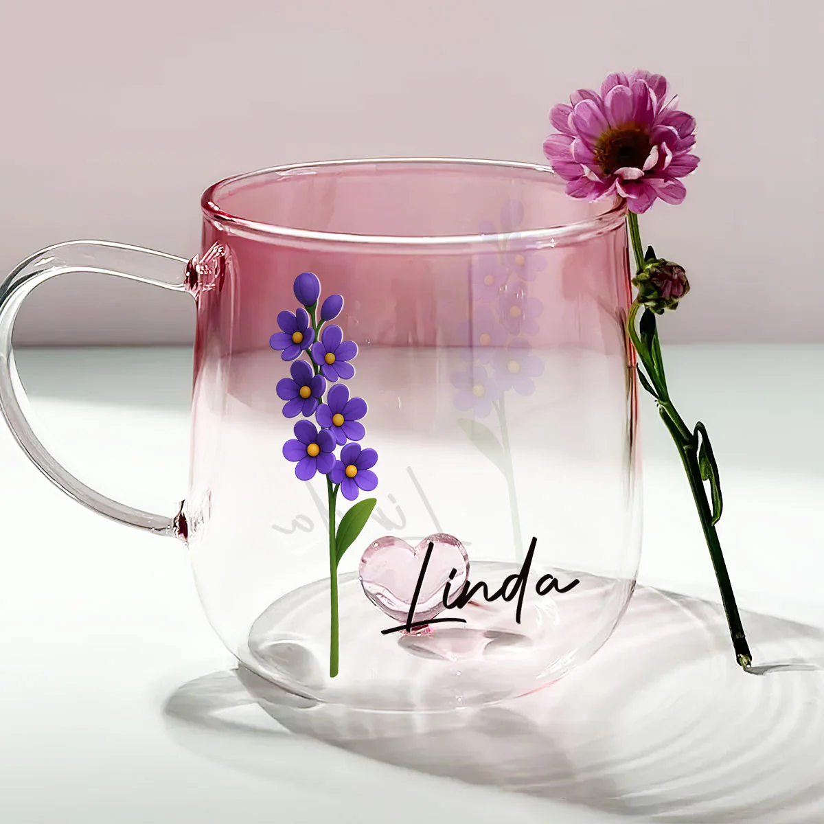 Friend Birth Month Flower - Personalized Custom Pink Gradient Glass Mug - Image 2
