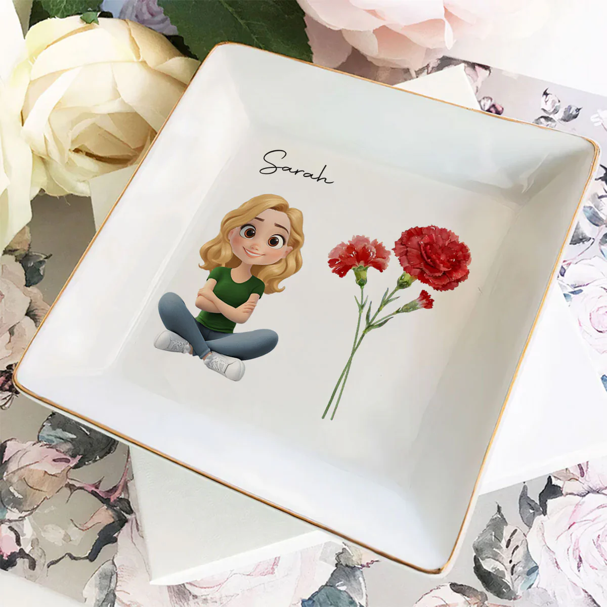 Friends Are Flowers That Never Fade Cartoonize - Personalized Custom Jewelry Dish - Image 3