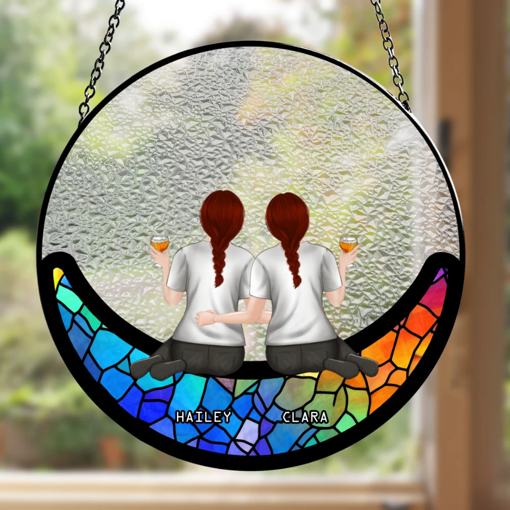 Friends Sitting On The Moon - Personalized Custom Window Hanging Suncatcher - Image 5
