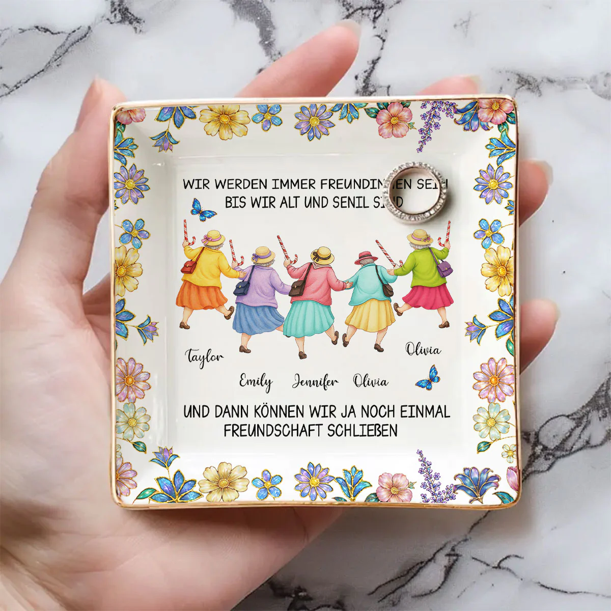 Friends Until We Are Old And Senile German - Personalized Custom Jewelry Dish - Image 4