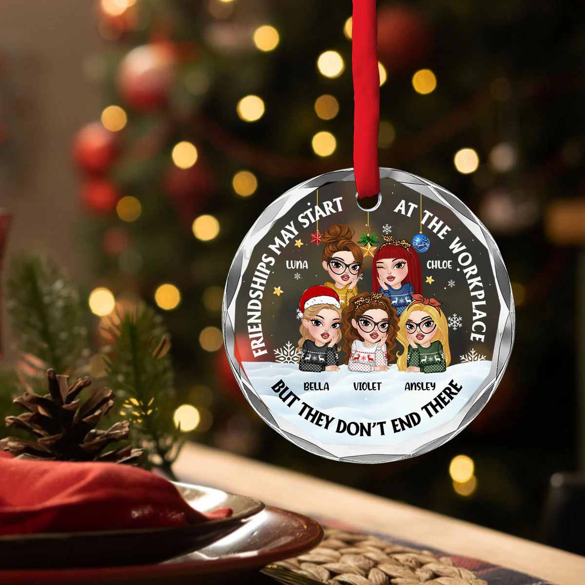 Friendships May Start At The Workplace - Personalized Custom Glass Ornament - Image 4