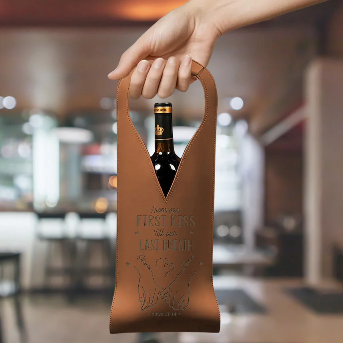 From Our First Kiss Till Our Last Breath - Personalized Custom Engraved Leather Wine Bag - Image 3