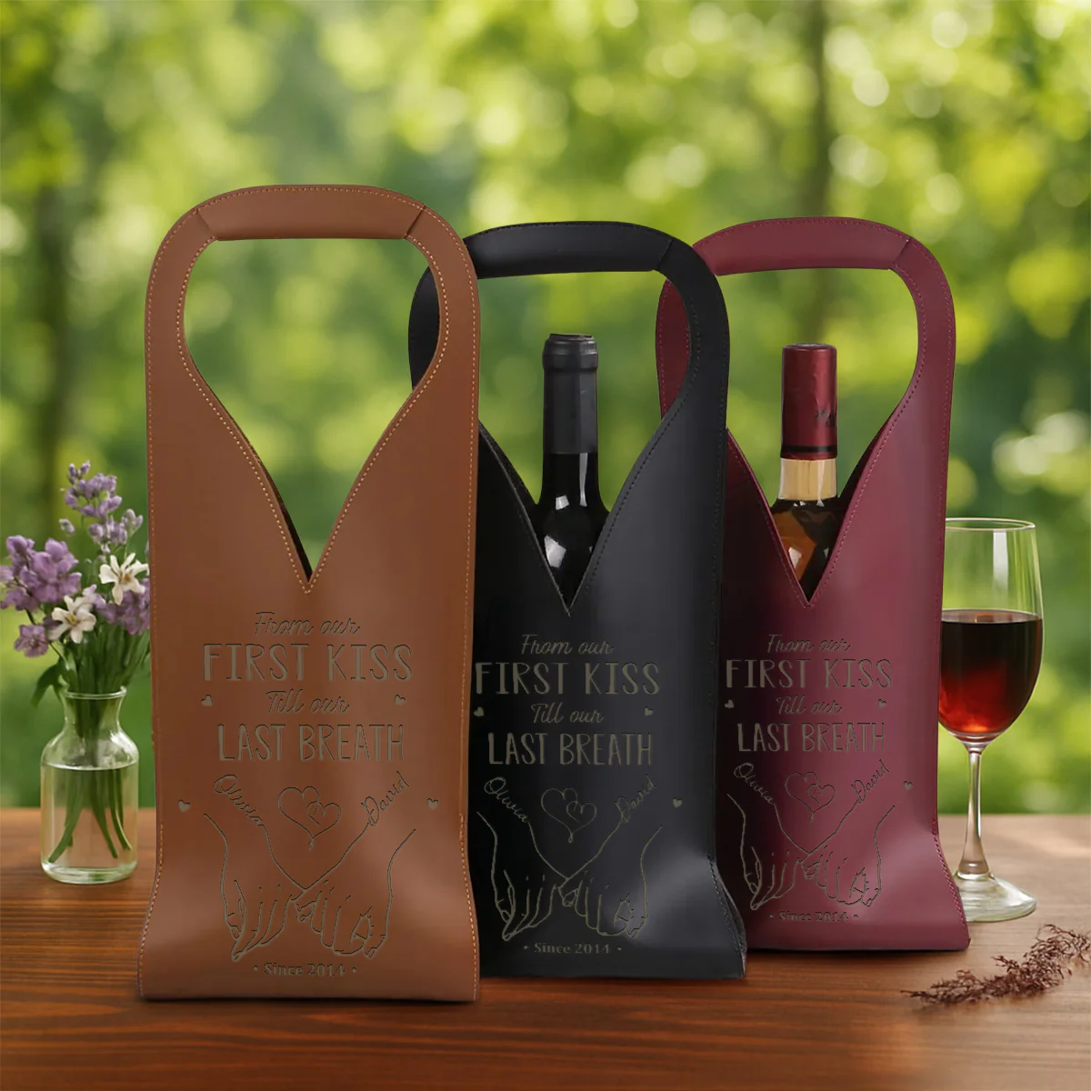 From Our First Kiss Till Our Last Breath - Personalized Custom Engraved Leather Wine Bag - Image 5