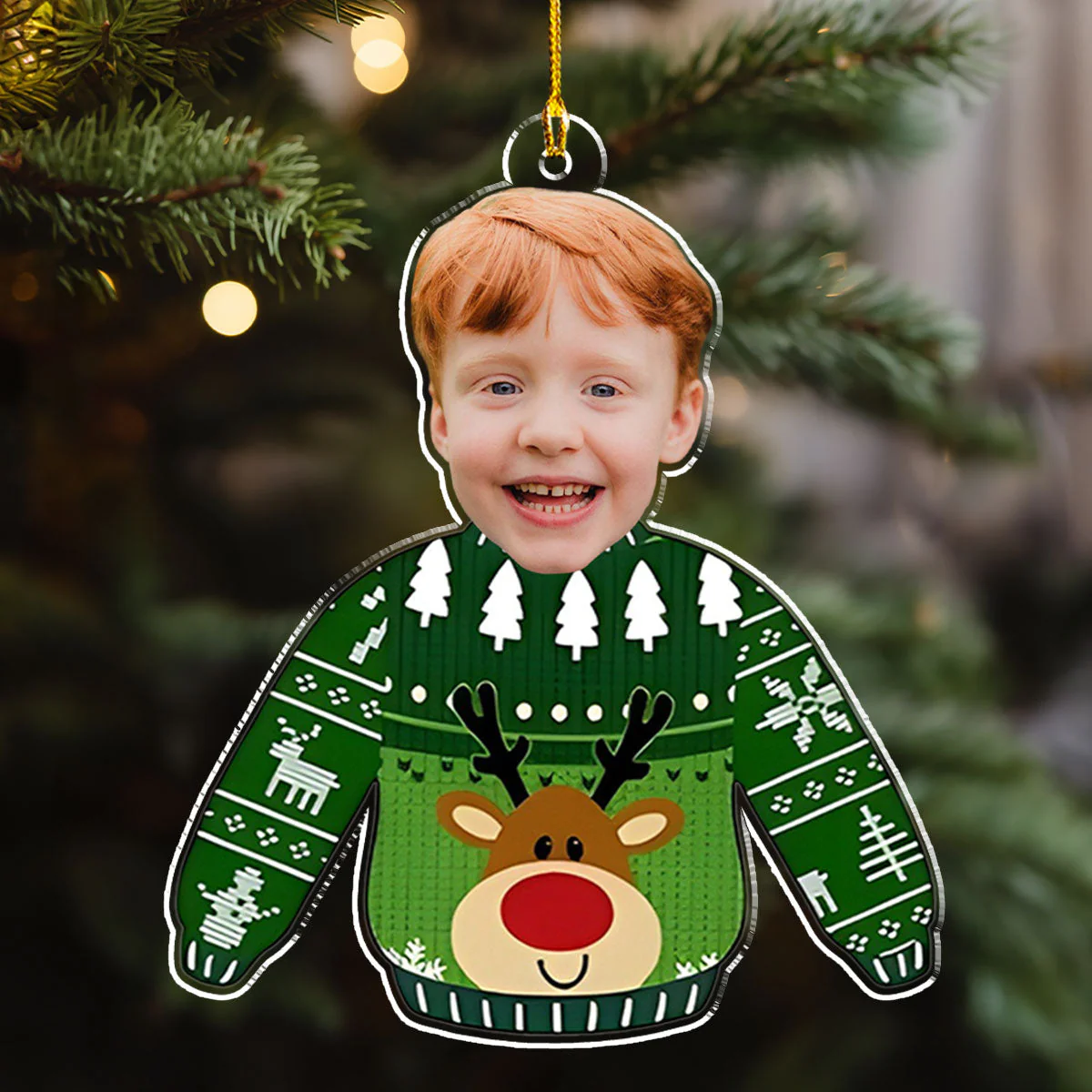 Funny Face In Christmas Sweater - Personalized Custom Acrylic Ornament - Image 2