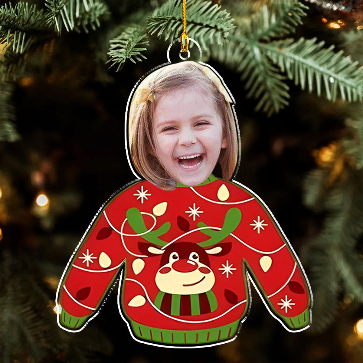 Funny Face In Christmas Sweater - Personalized Custom Acrylic Ornament - Image 4