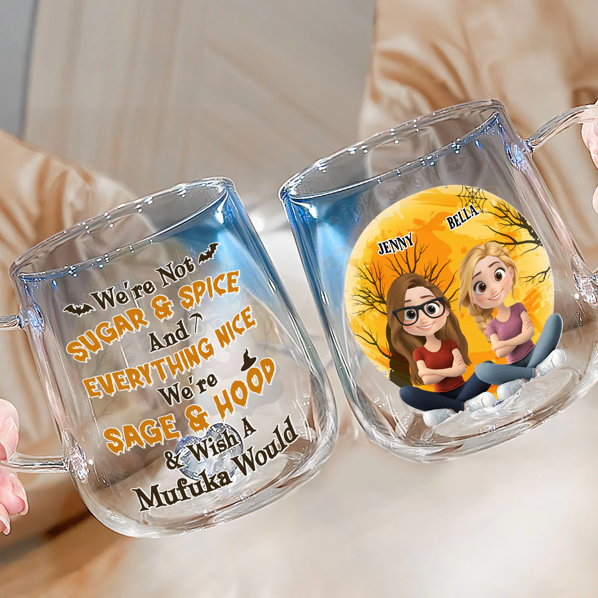 Funny Witch Friends - Personalized Custom Funny Witch Friends - Personalized Custom Blue Gradient Glass Mug - Image 2