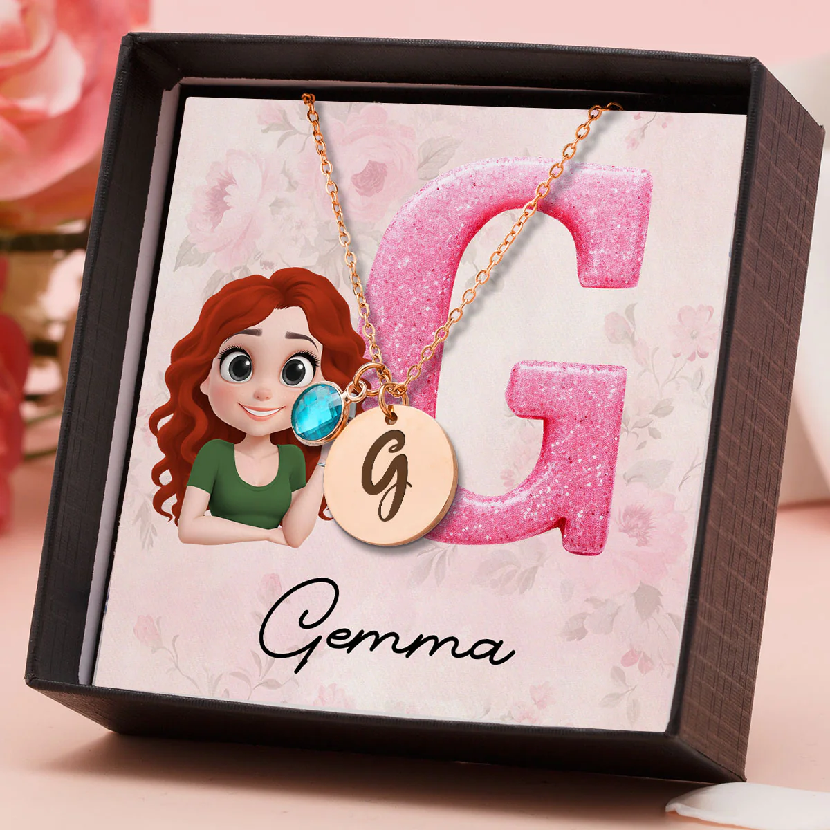 Glitter Alphabet Cartoon - Personalized Custom Birthstone Necklace With Message Card - Image 2