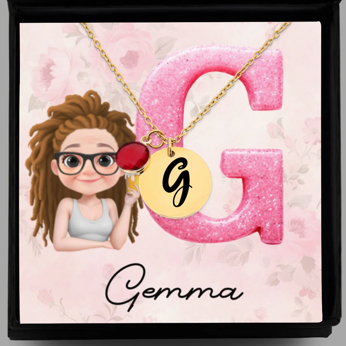 Glitter Alphabet Cartoon - Personalized Custom Birthstone Necklace With Message Card - Image 9