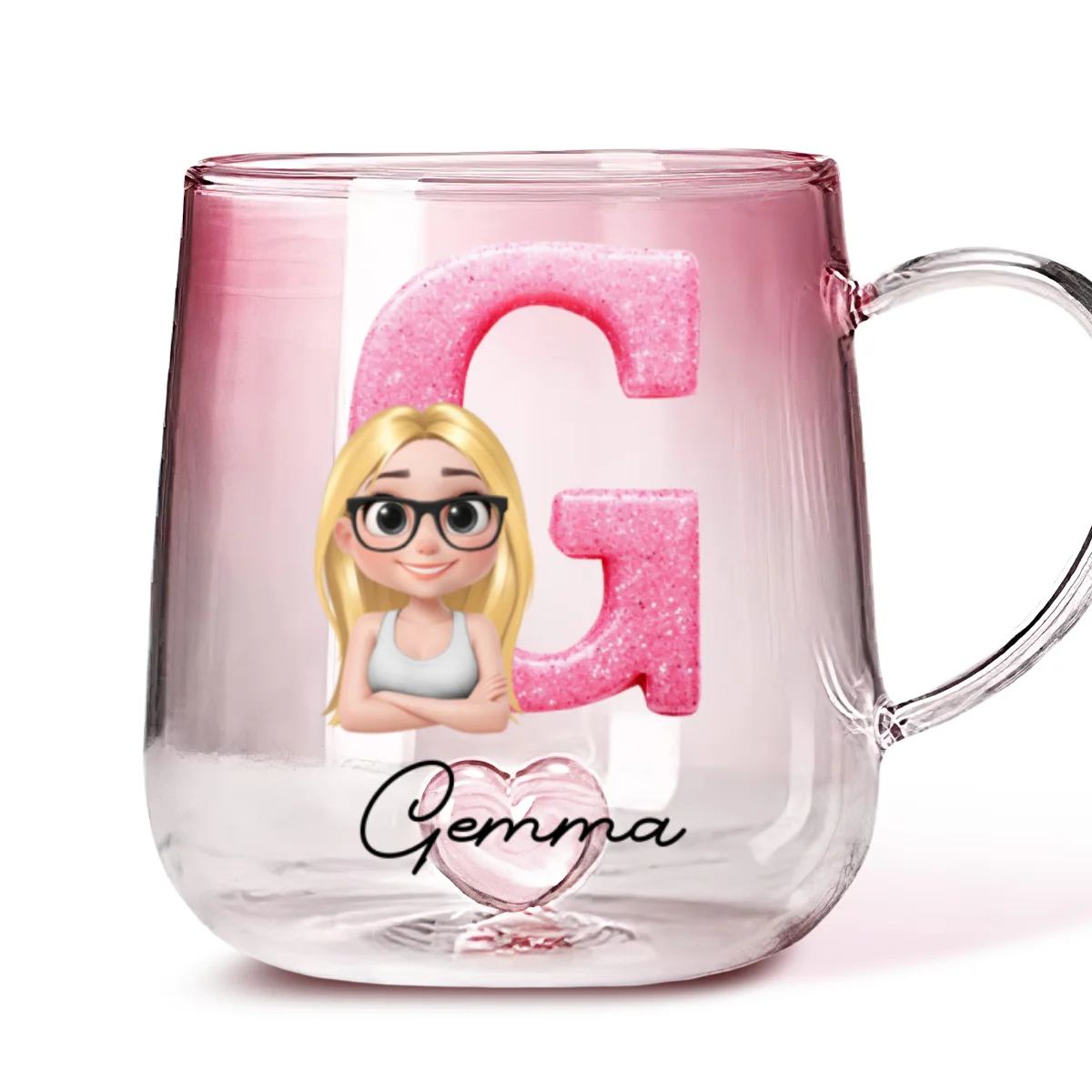 Glitter Alphabet Cartoon - Personalized Custom Pink Gradient Glass Mug - Image 5