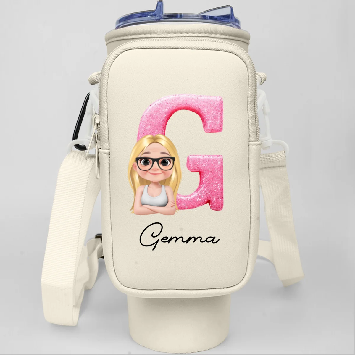 Glitter Alphabet Cartoon - Personalized Custom Water Bottle Carrier Bag - Image 12