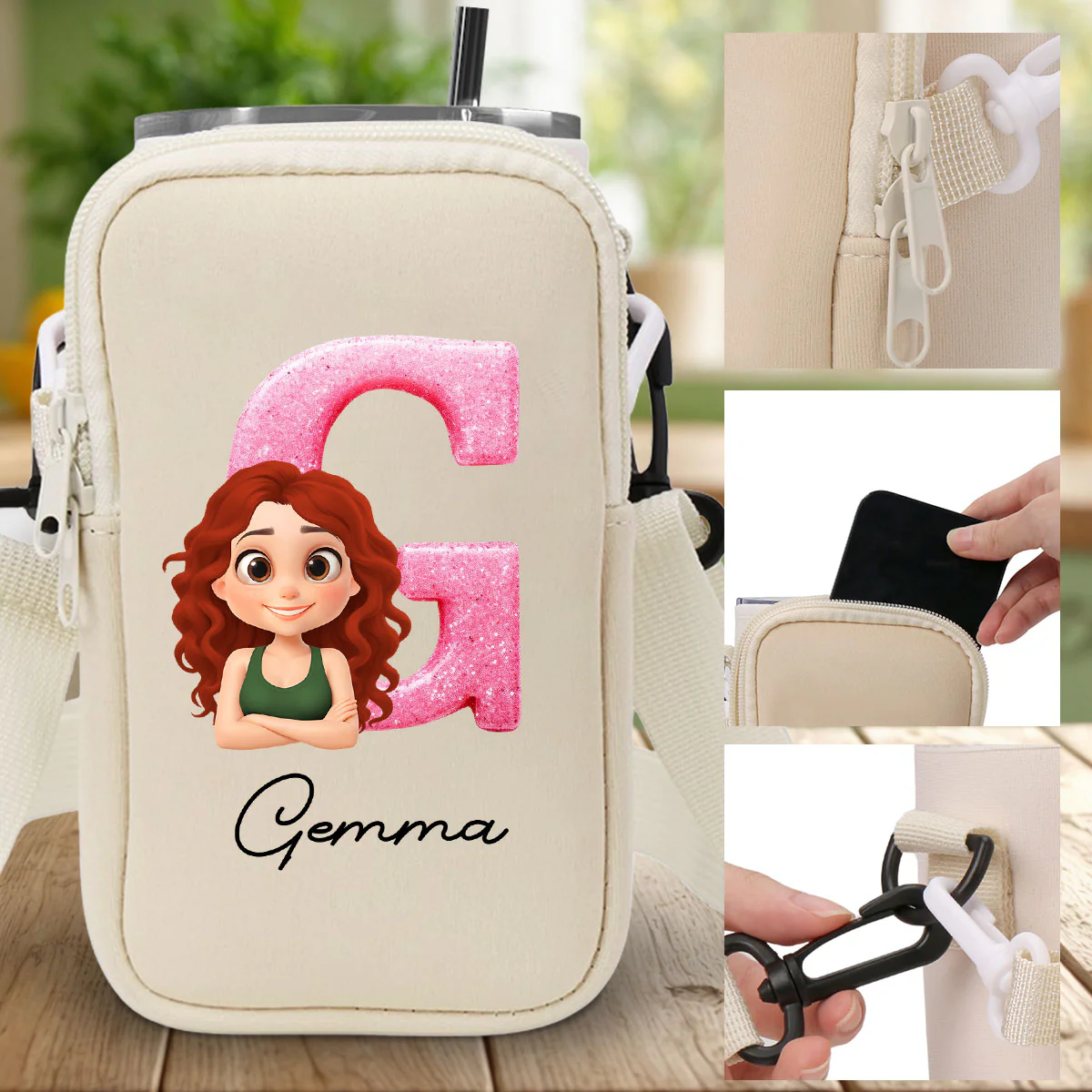 Glitter Alphabet Cartoon - Personalized Custom Water Bottle Carrier Bag - Image 5