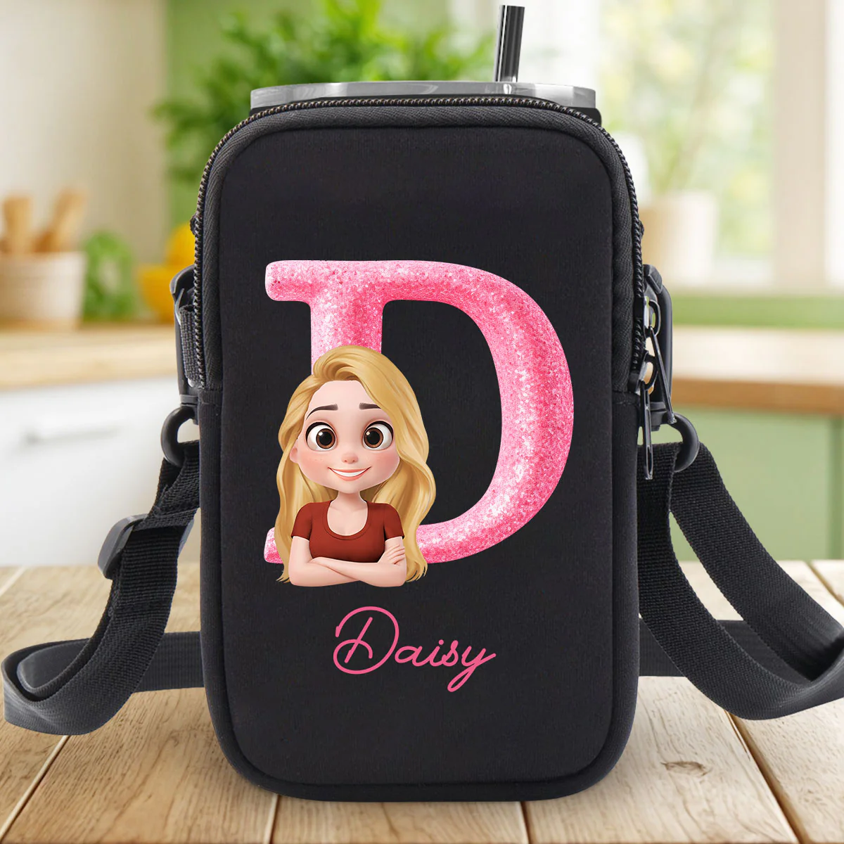 Glitter Alphabet Cartoon - Personalized Custom Water Bottle Carrier Bag - Image 6