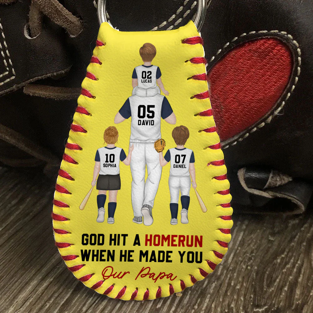 God Hit A Homerun When He Made You My Dad - Personalized Custom Leather Baseball Keychain - Image 3