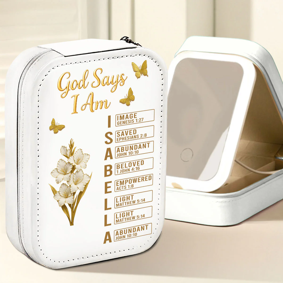God Says I Am Bible - Personalized Custom Jewelry Box With LED Mirror