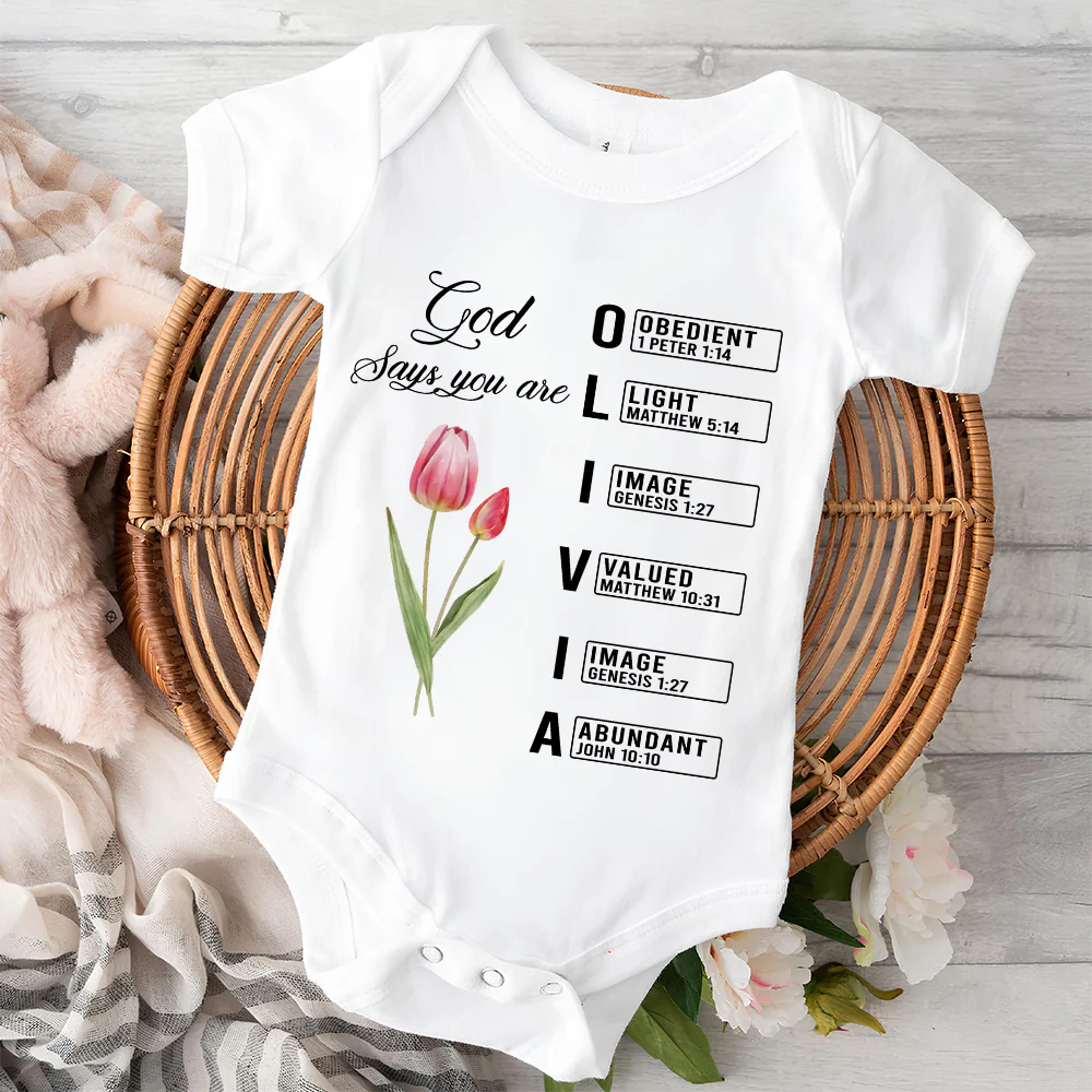 God Says I Am Name Letter In Bible - Personalized Custom Baby Onesie - Image 2