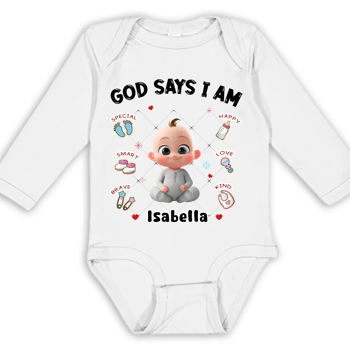 God Says I Am - Personalized Custom Long Sleeve Baby Onesie - Image 6