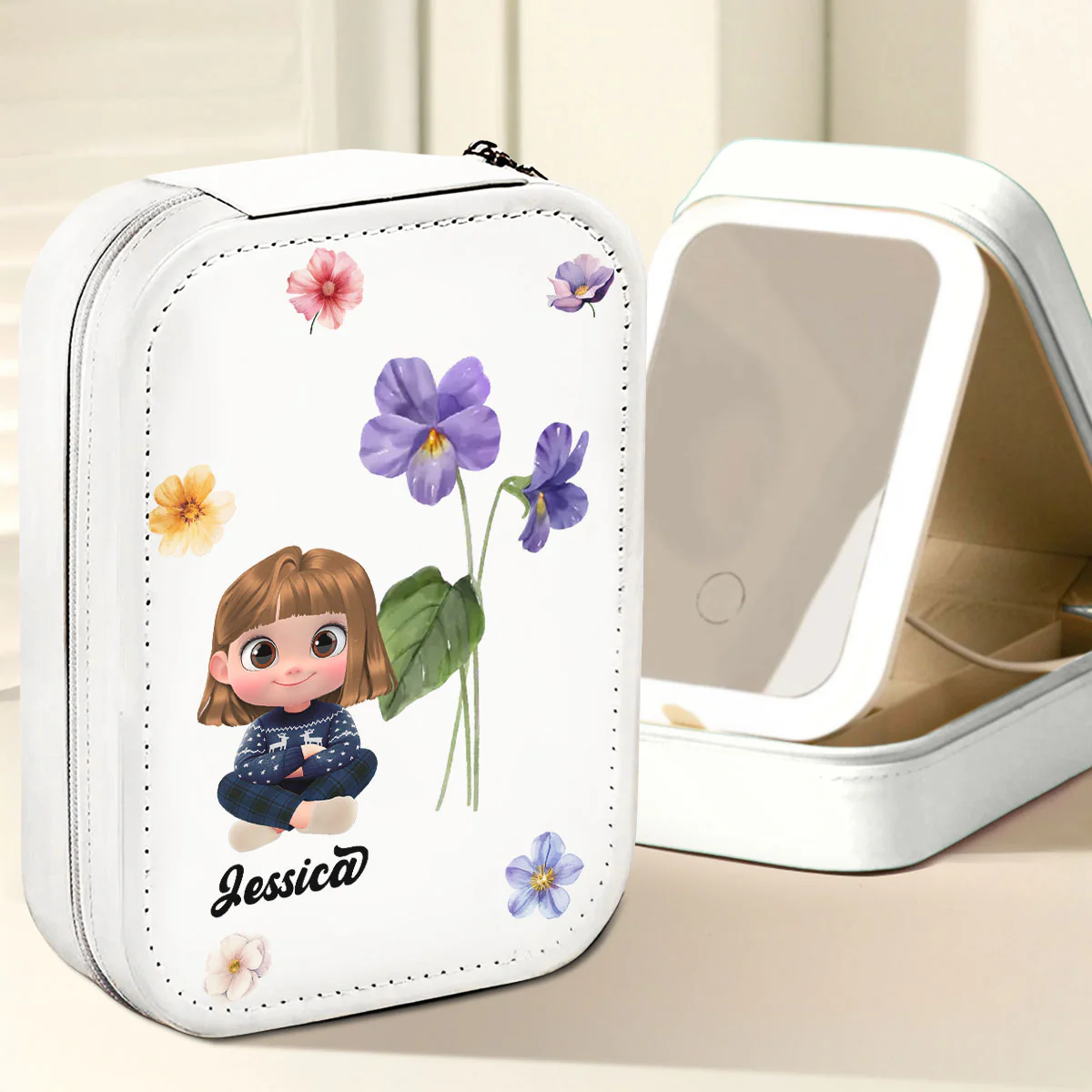 GrandKid Birth Month - Personalized Custom Jewelry Box With LED Mirror