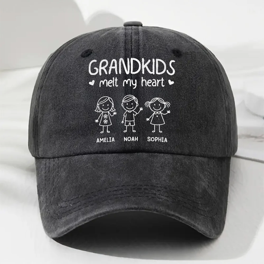 Grandkids Melt Grandpa Heart - Personalized Custom Vintage Washed Denim Cap