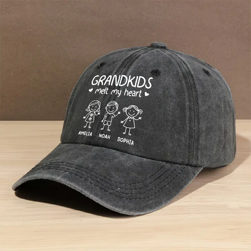 Grandkids Melt Grandpa Heart - Personalized Custom Vintage Washed Denim Cap - Image 2