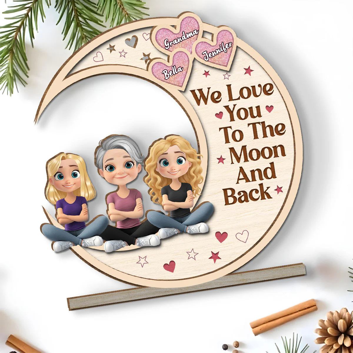 Grandma And Granddaughter Sitting In The Moon - Personalized Custom 2-Layer Wood Plaque With Flat Base - Image 5