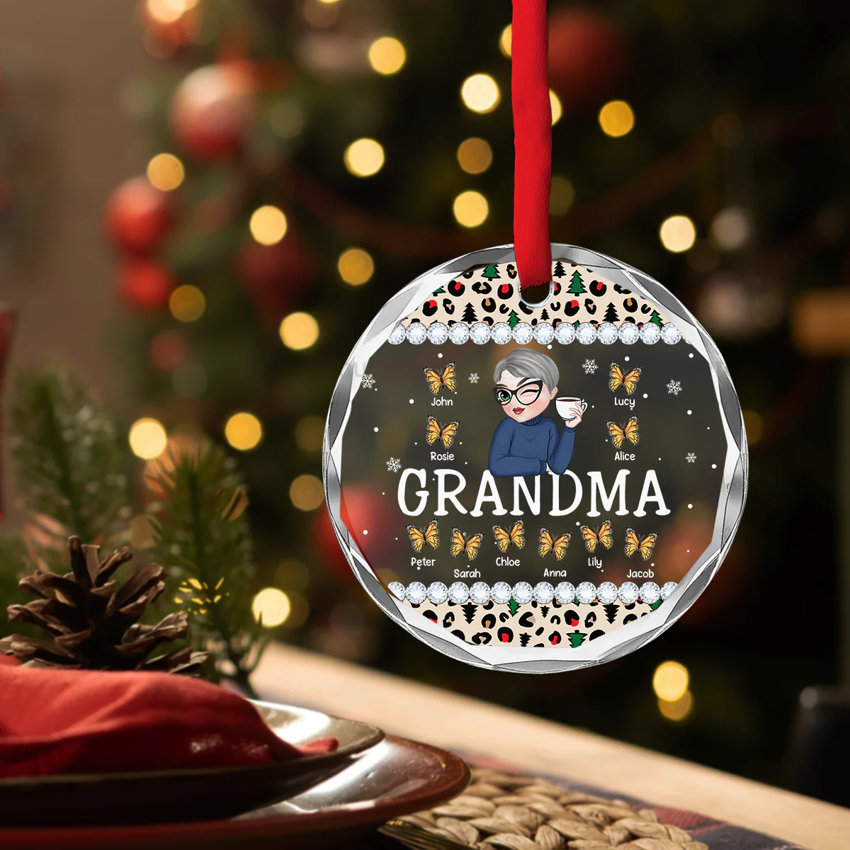 Grandma And Kids - Personalized Custom Glass Ornament - Image 3