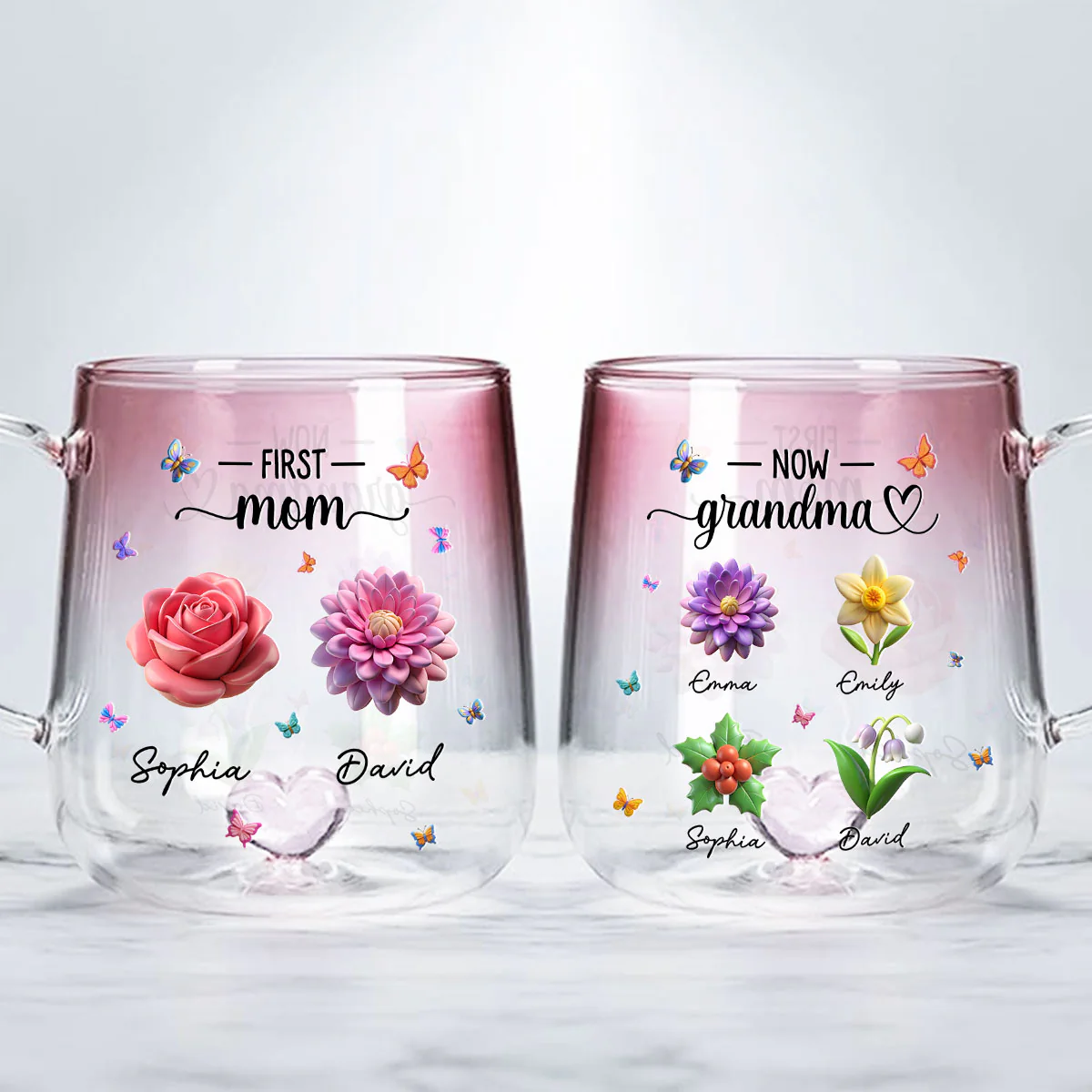 Grandma Birthmonth Flower - Personalized Custom Pink Gradient Glass Mug - Image 2
