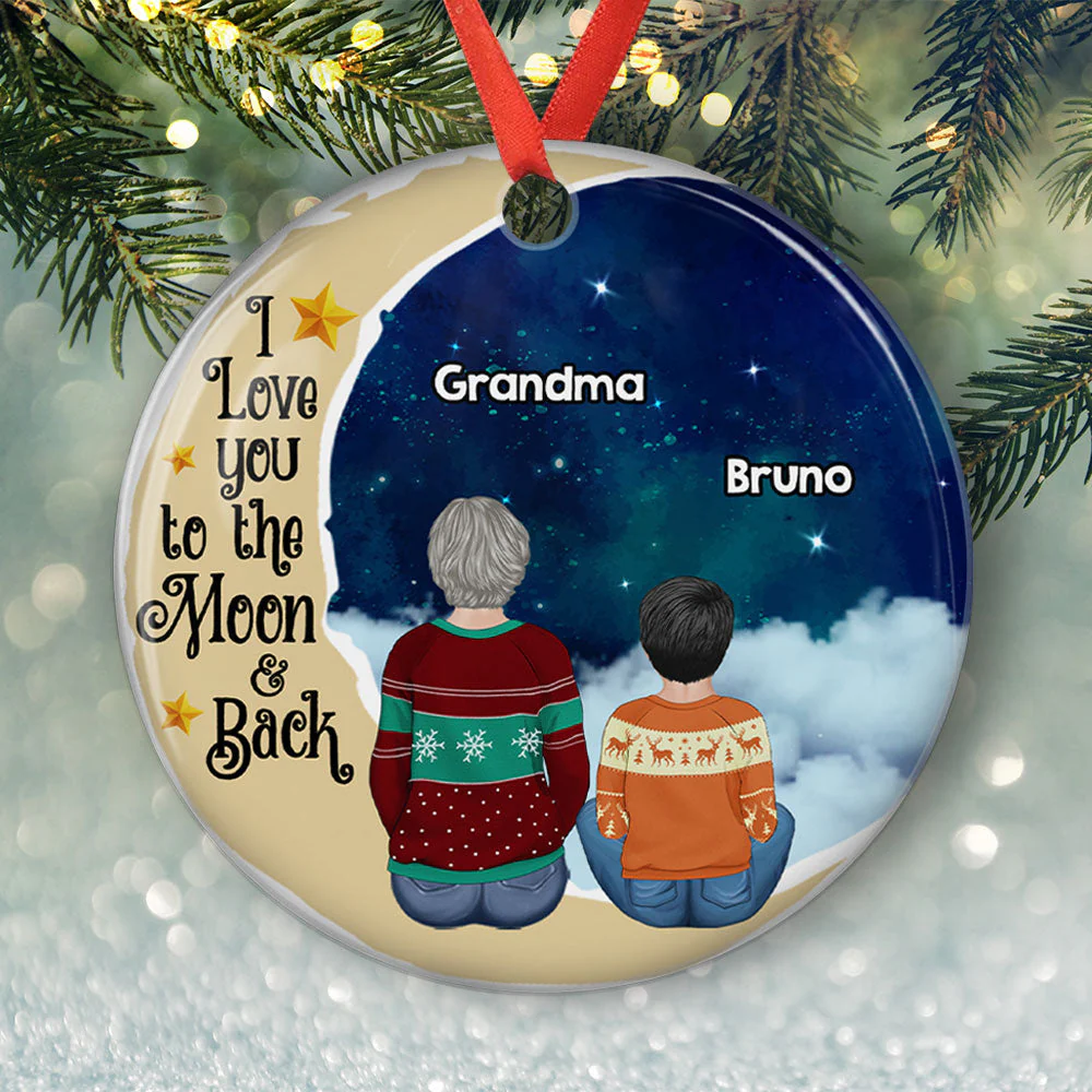 Grandma Grandkids On Moon - Personalized Custom Circle Ceramic Ornament - Image 6