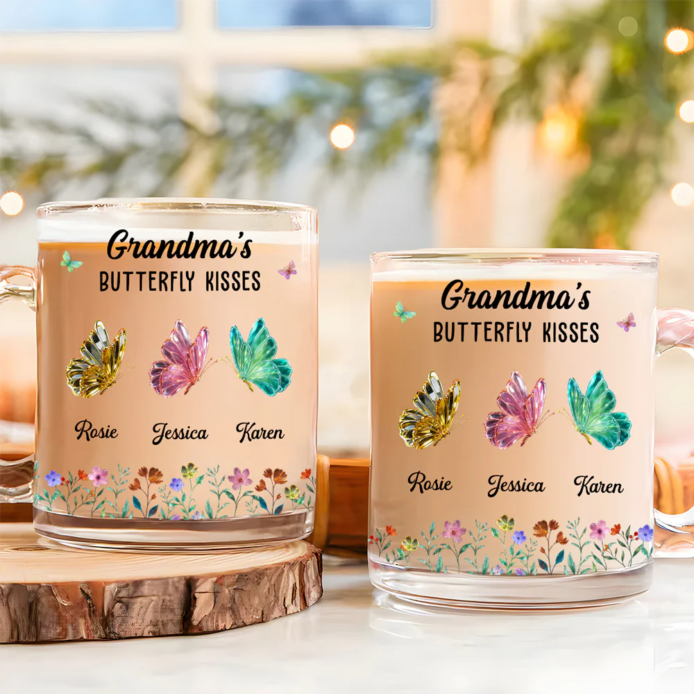 Grandma Mom Kisses Butterflies - Personalized Custom Glass Mug - Image 2