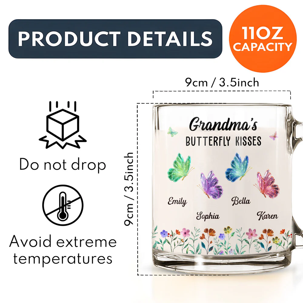 Grandma Mom Kisses Butterflies - Personalized Custom Glass Mug - Image 5