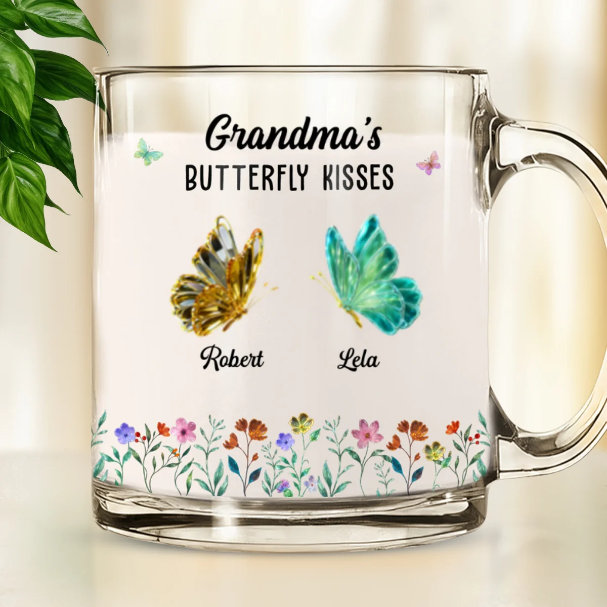 Grandma Mom Kisses Butterflies - Personalized Custom Glass Mug - Image 6