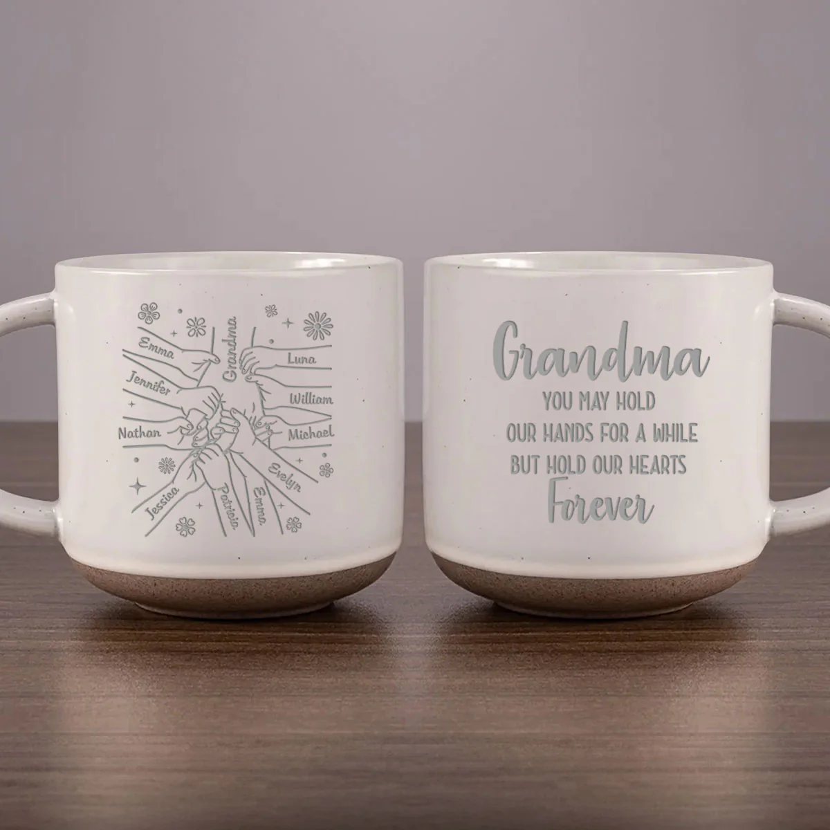 Grandma, You Hold Our Hands And Our Hearts Forever - Personalized Custom Engraved Pottery Mug - Image 4