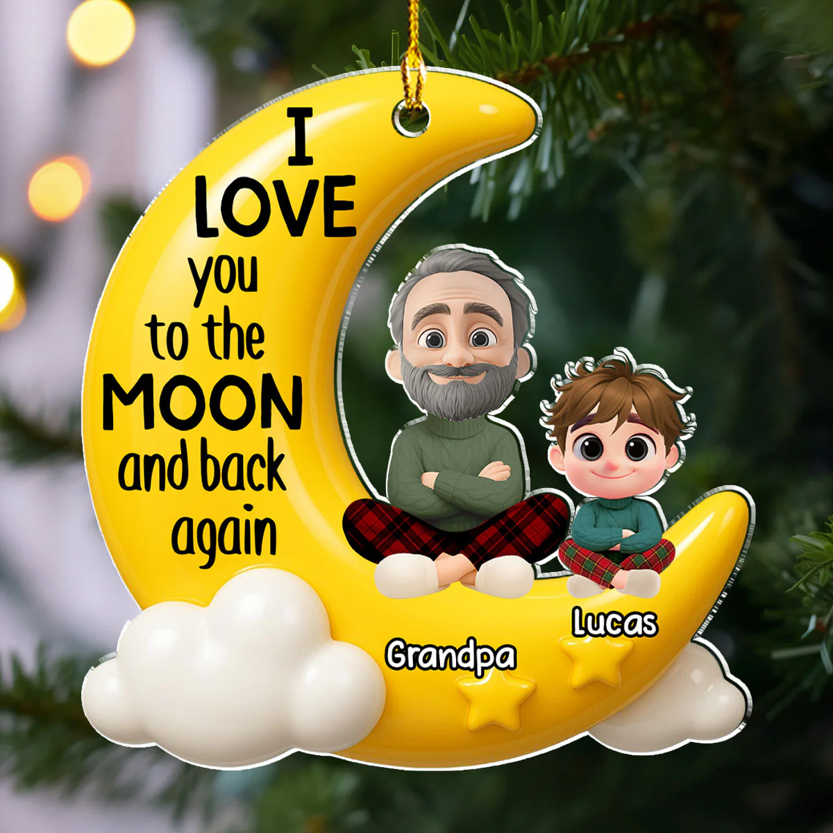 Grandpa And Grandkid On The Moon - Personalized Custom Acrylic Ornament - Image 2