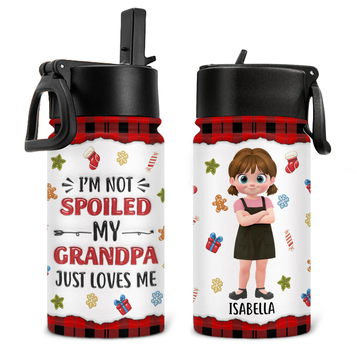 Grandpa Loves Me - Personalized Custom 3D Inflated Effect Kids Water Bottle