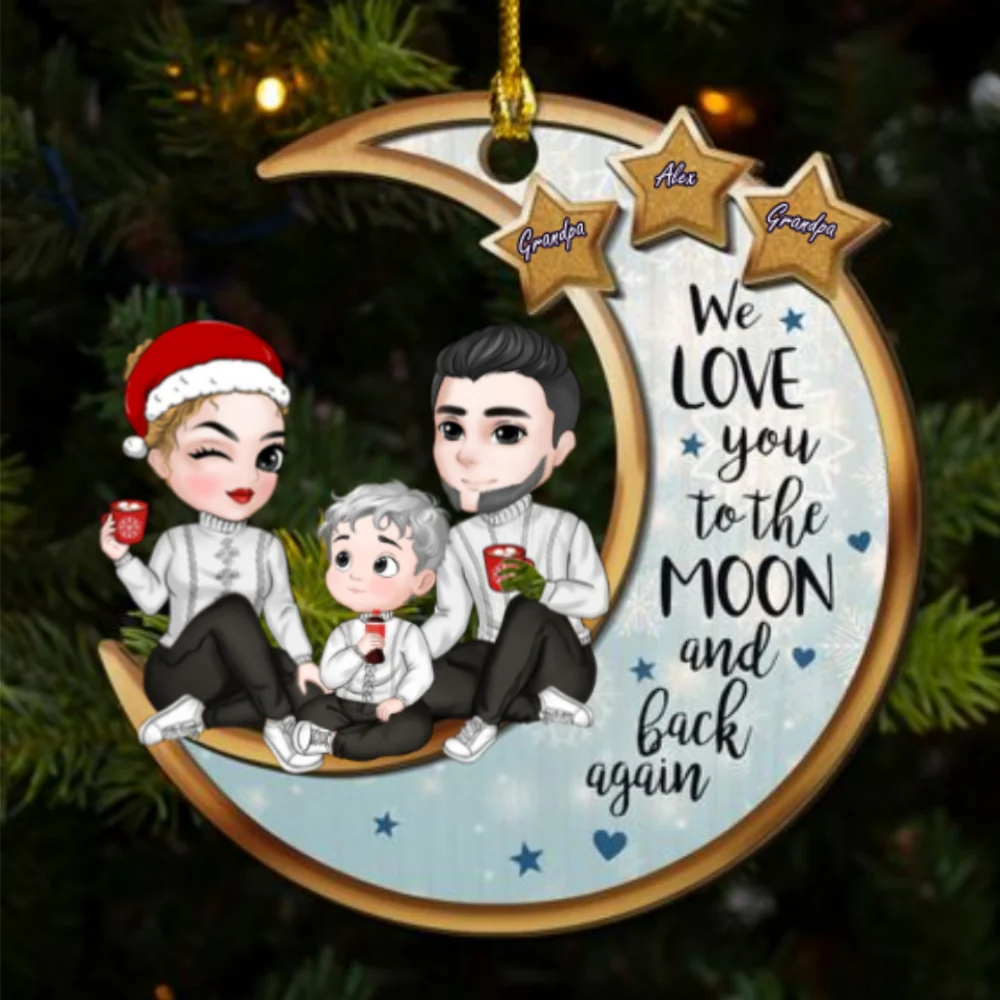 Grandparents And Grandkid On The Moon - Personalized Custom 2-Layered Wood Ornament - Image 4