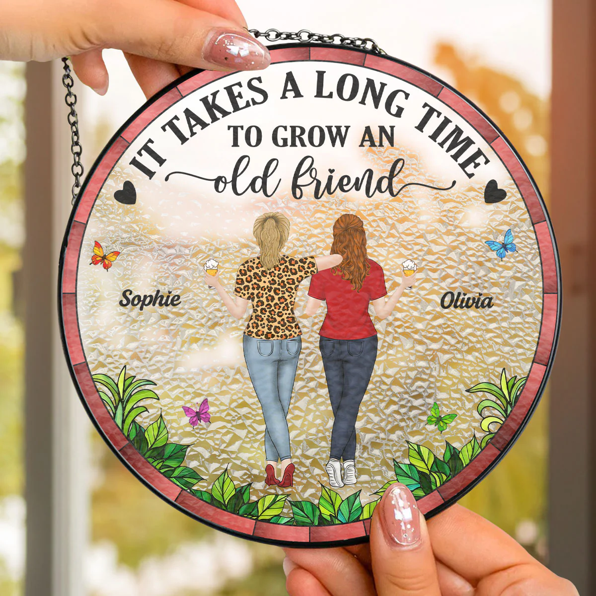 Grow Old Friends - Personalized Custom Window Hanging Suncatcher - Image 4