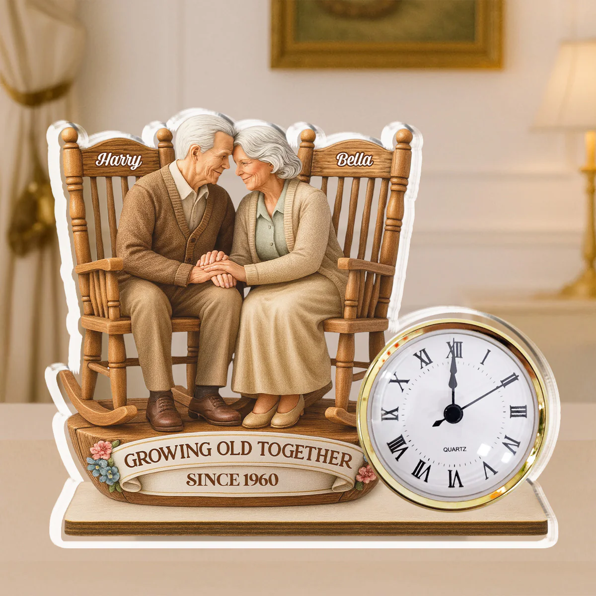 Growing Old Together - Personalized Custom Acrylic Desk Clock Plaque - Image 2
