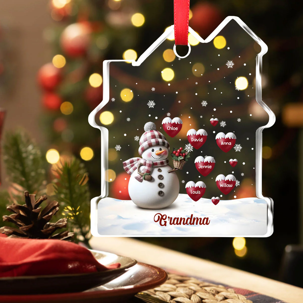Happy Christmas Snowman Grandma - Personalized Custom House Shaped Glass Ornament - Image 2