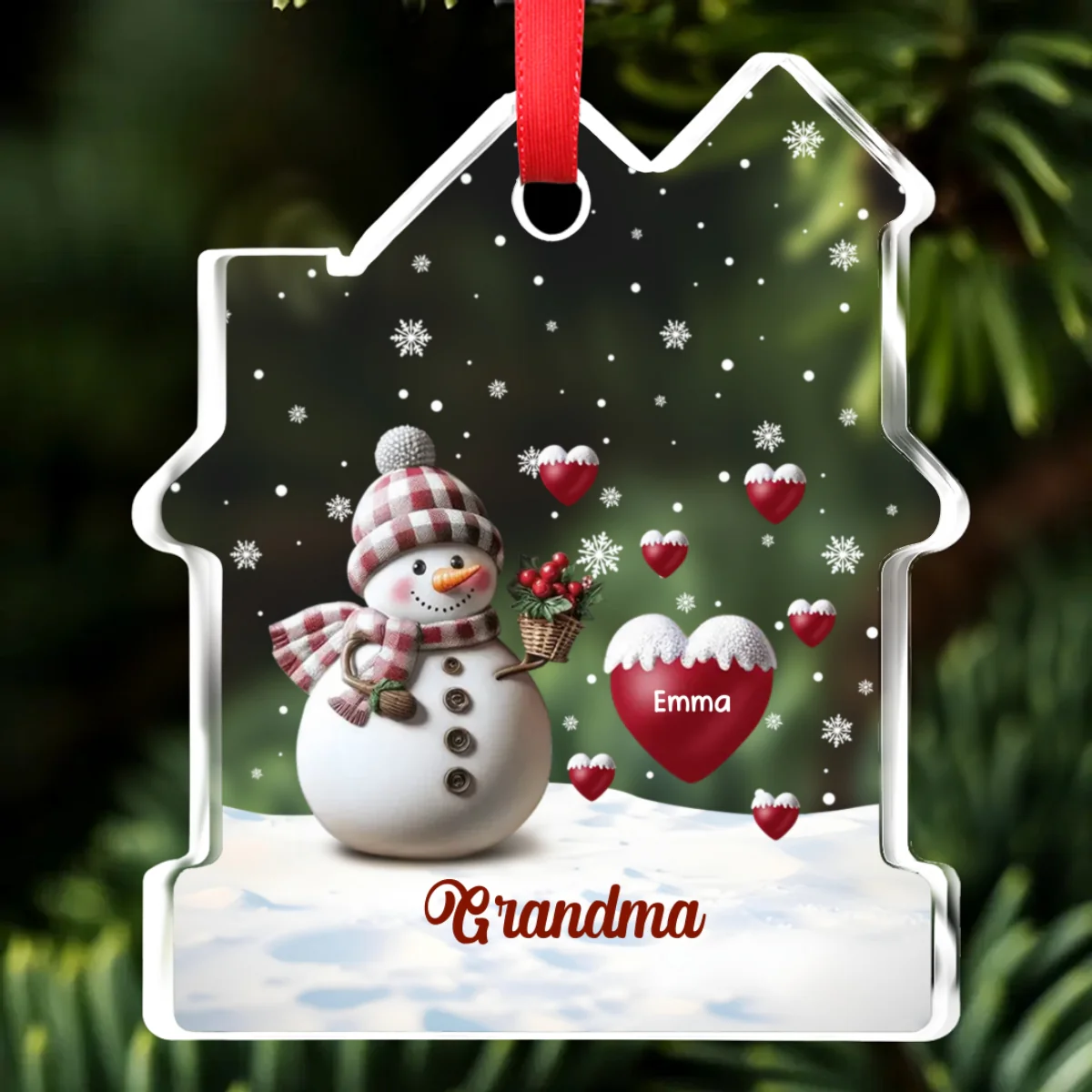 Happy Christmas Snowman Grandma - Personalized Custom House Shaped Glass Ornament - Image 7