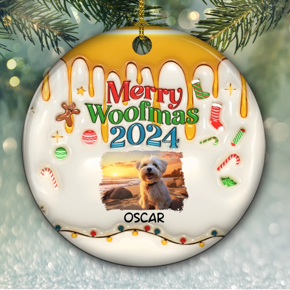 Happy Woofmas Photo - Personalized Custom 3D Inflated Effect Ceramic Ornament - Image 2