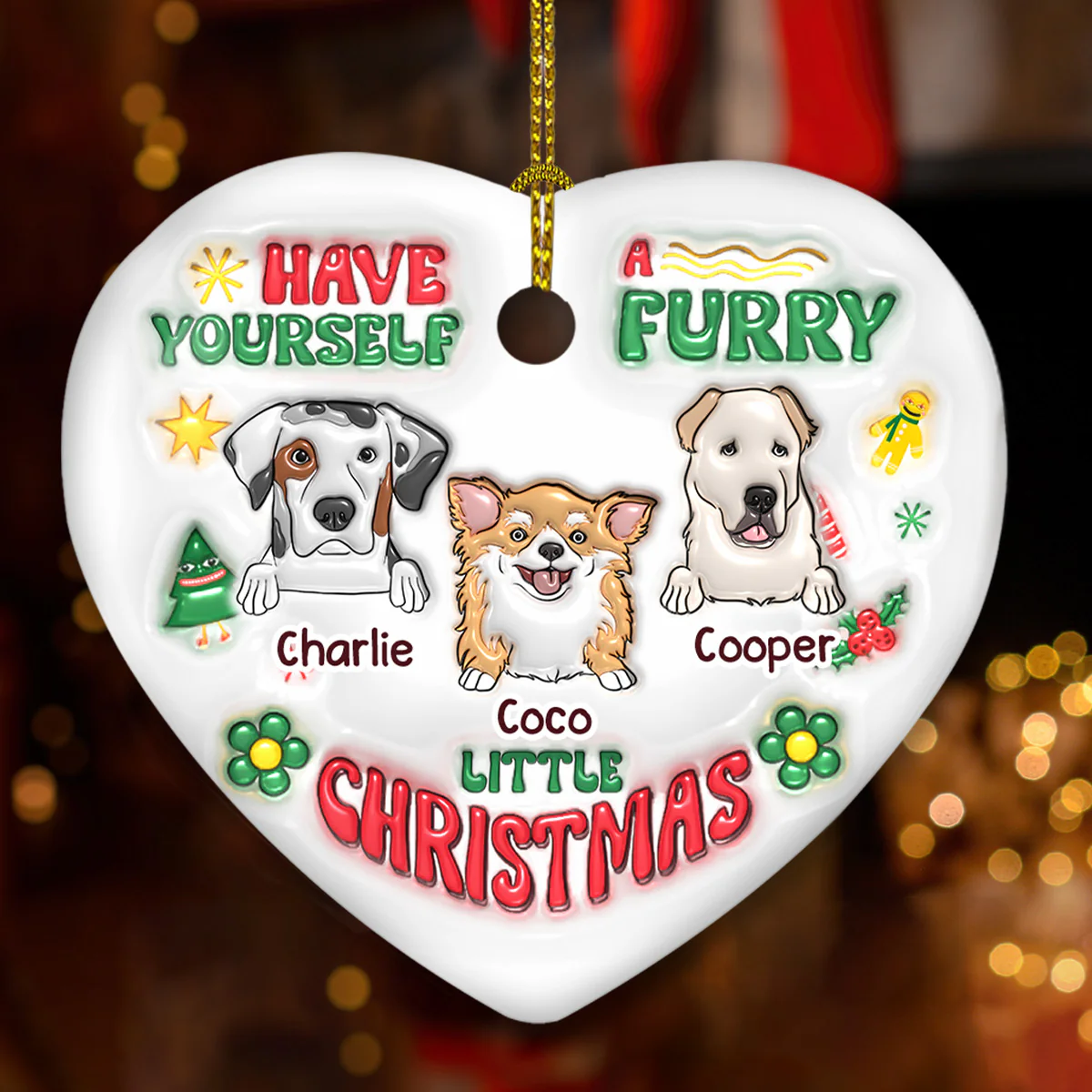 Have Yourself A Furry Little Christmas - Personalized Custom 3D Inflated Effect Heart Ceramic Ornament - Image 3