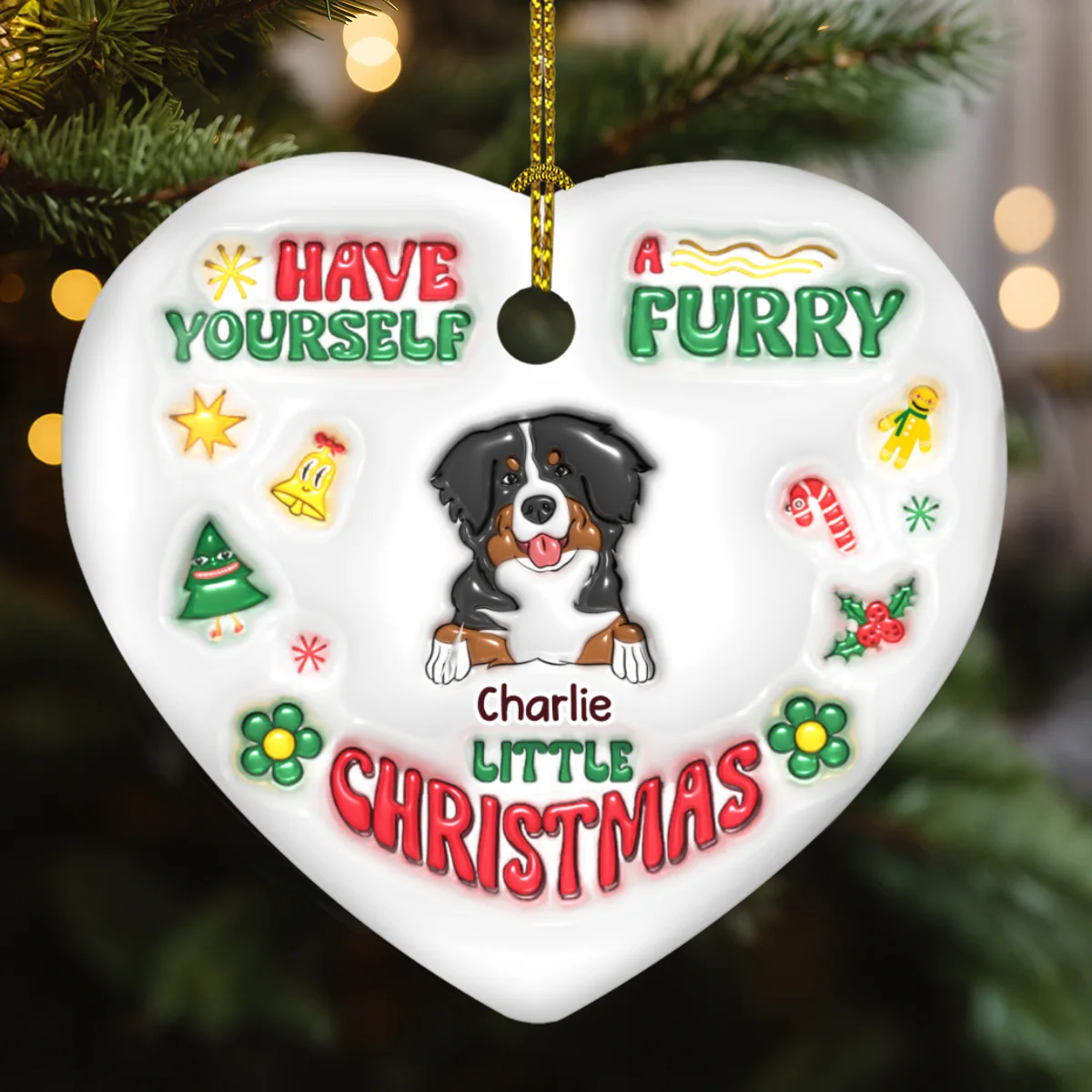 Have Yourself A Furry Little Christmas - Personalized Custom 3D Inflated Effect Heart Ceramic Ornament - Image 5