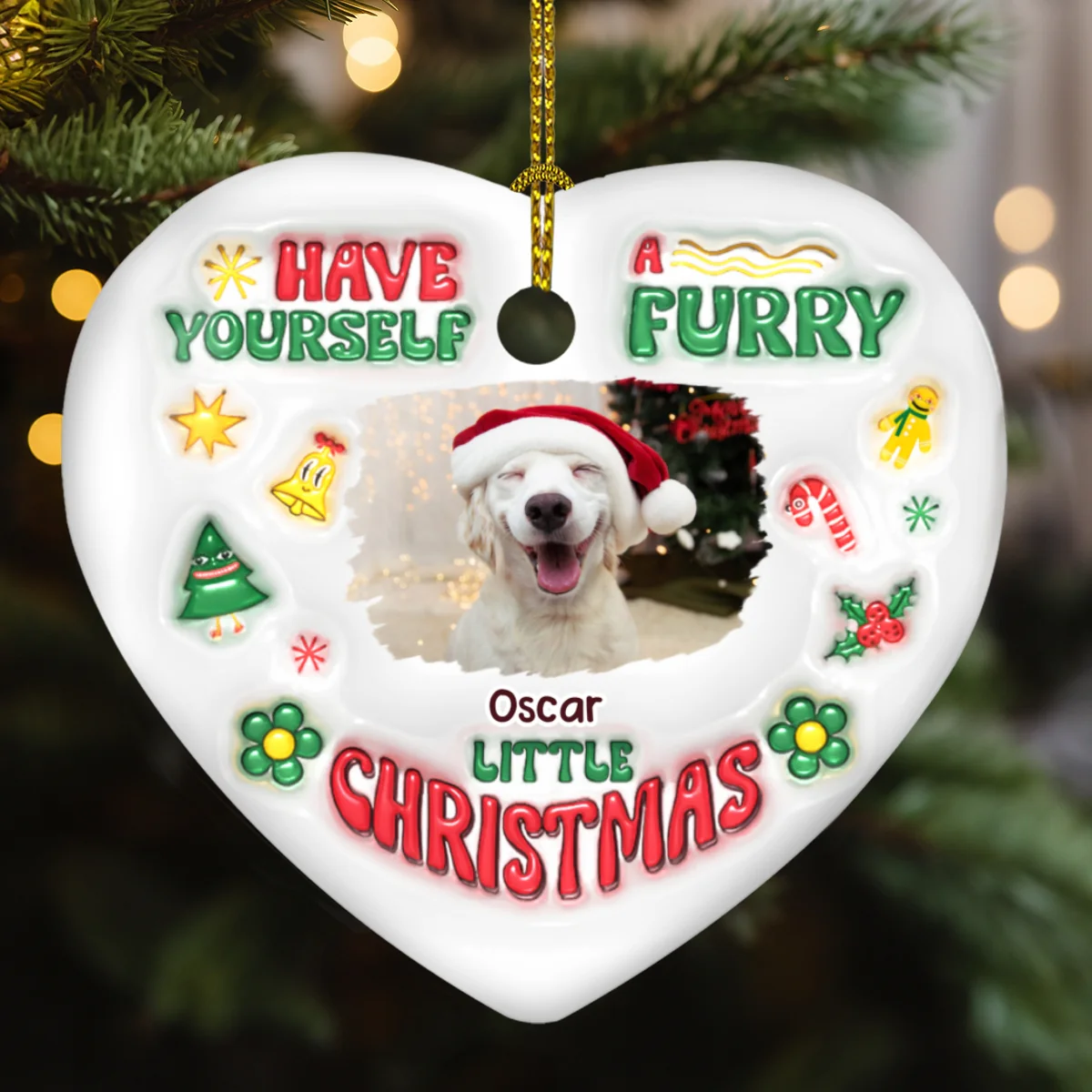 Have Yourself A Furry Little Christmas Photo - Personalized Custom 3D Inflated Effect Heart Ceramic Ornament - Image 2
