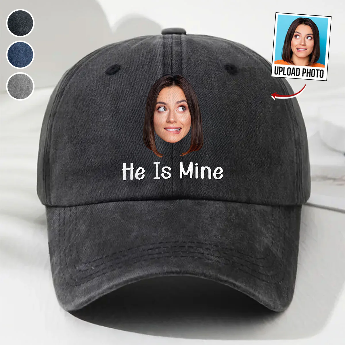 He Is Mine - Personalized Custom Vintage Washed Denim Cap